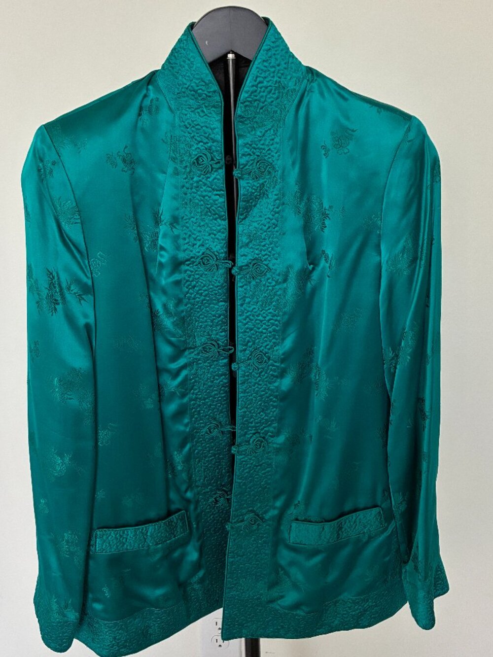 Reversible Jade Green & Black Satin Brocade Mandarin Jacket Frog Closures